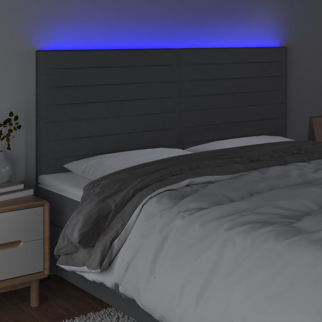 Cabeceira de cama c/ LED tecido 160x5x118/128 cm cinza-escuro