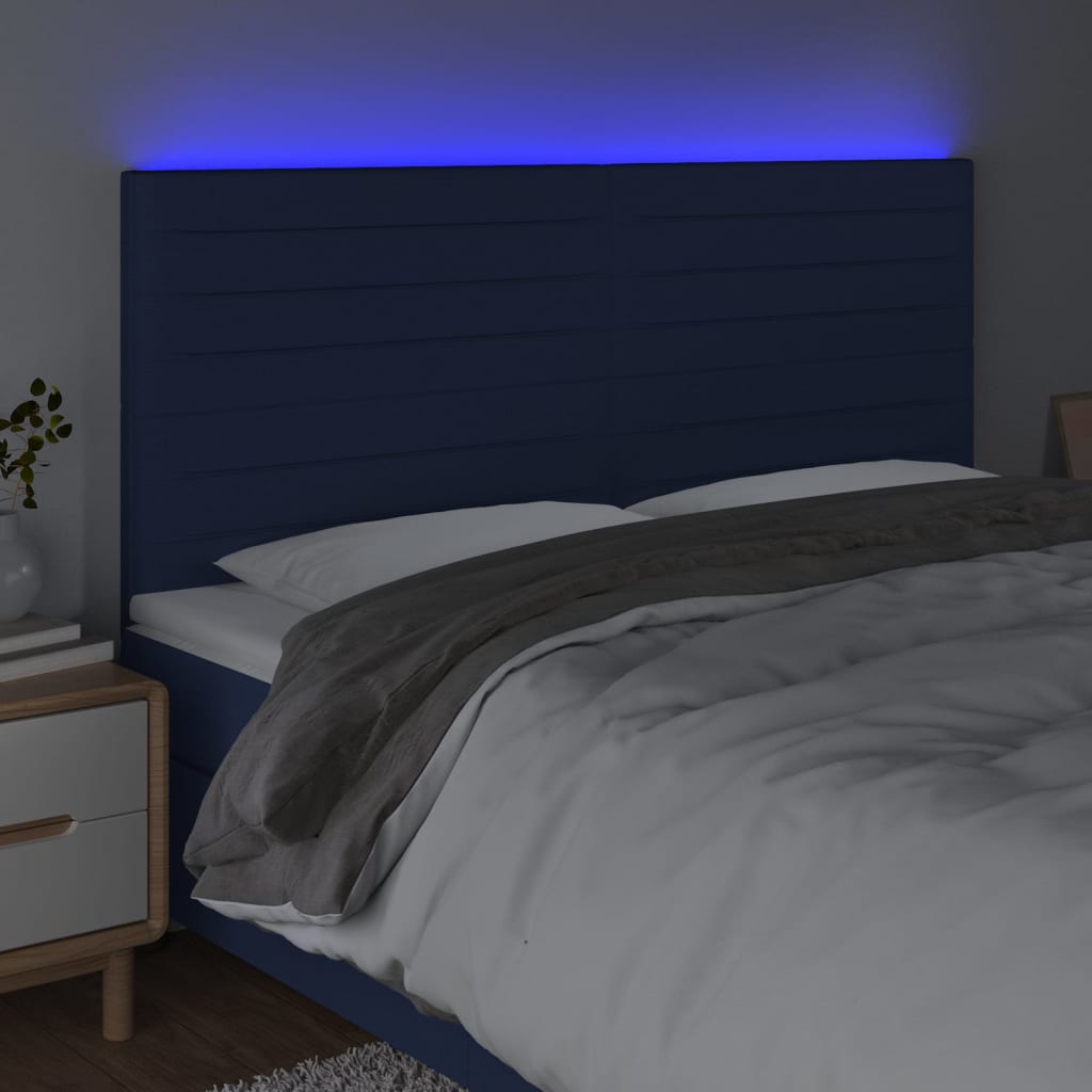 Cabeceira de cama c/ luzes LED tecido 180x5x118/128 cm azul