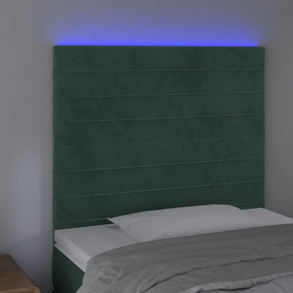 Cabeceira de cama c/ LED veludo 100x5x118/128 cm verde-escuro