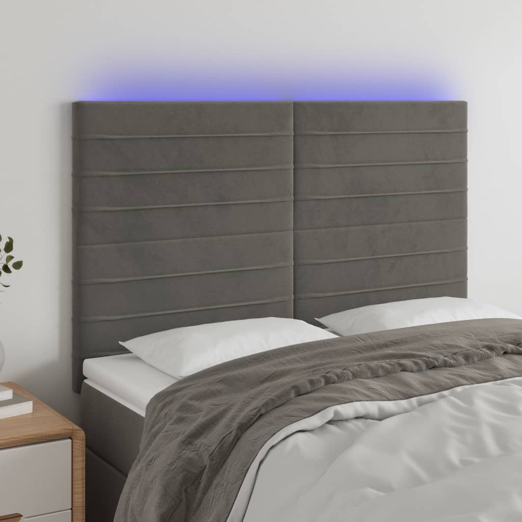 Cabeceira de cama c/ LED veludo 144x5x118/128 cm cinza-escuro