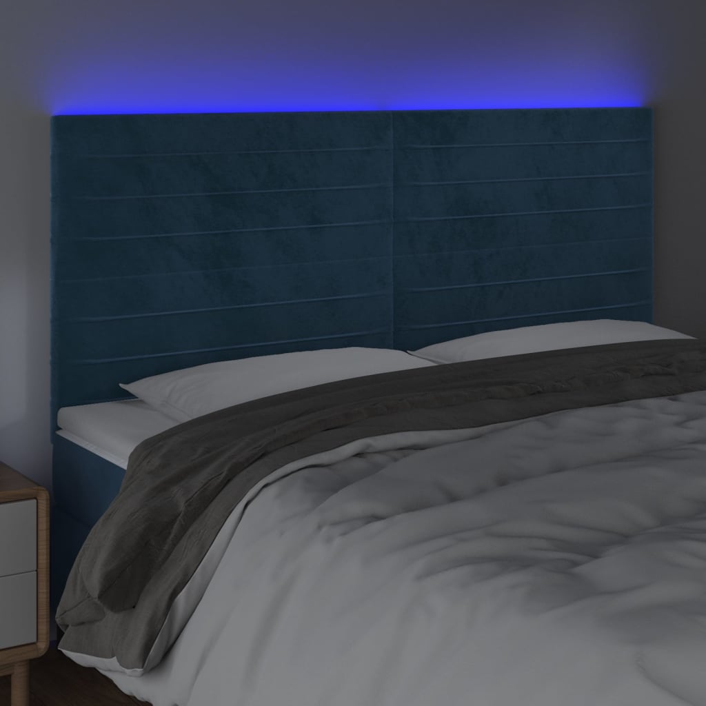 Cabeceira cama c/ luzes LED veludo 200x5x118/128cm azul-escuro