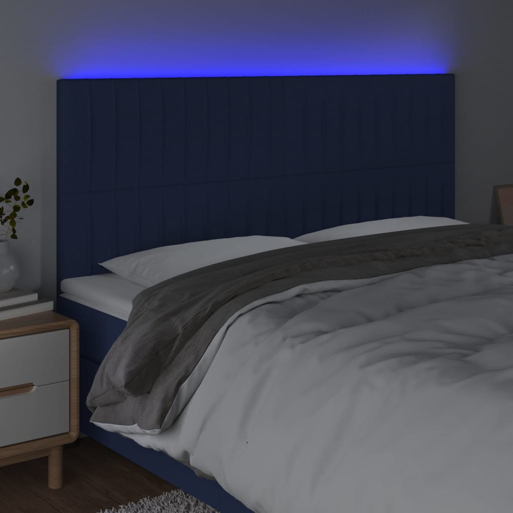 Cabeceira de cama c/ luzes LED tecido 160x5x118/128 cm azul