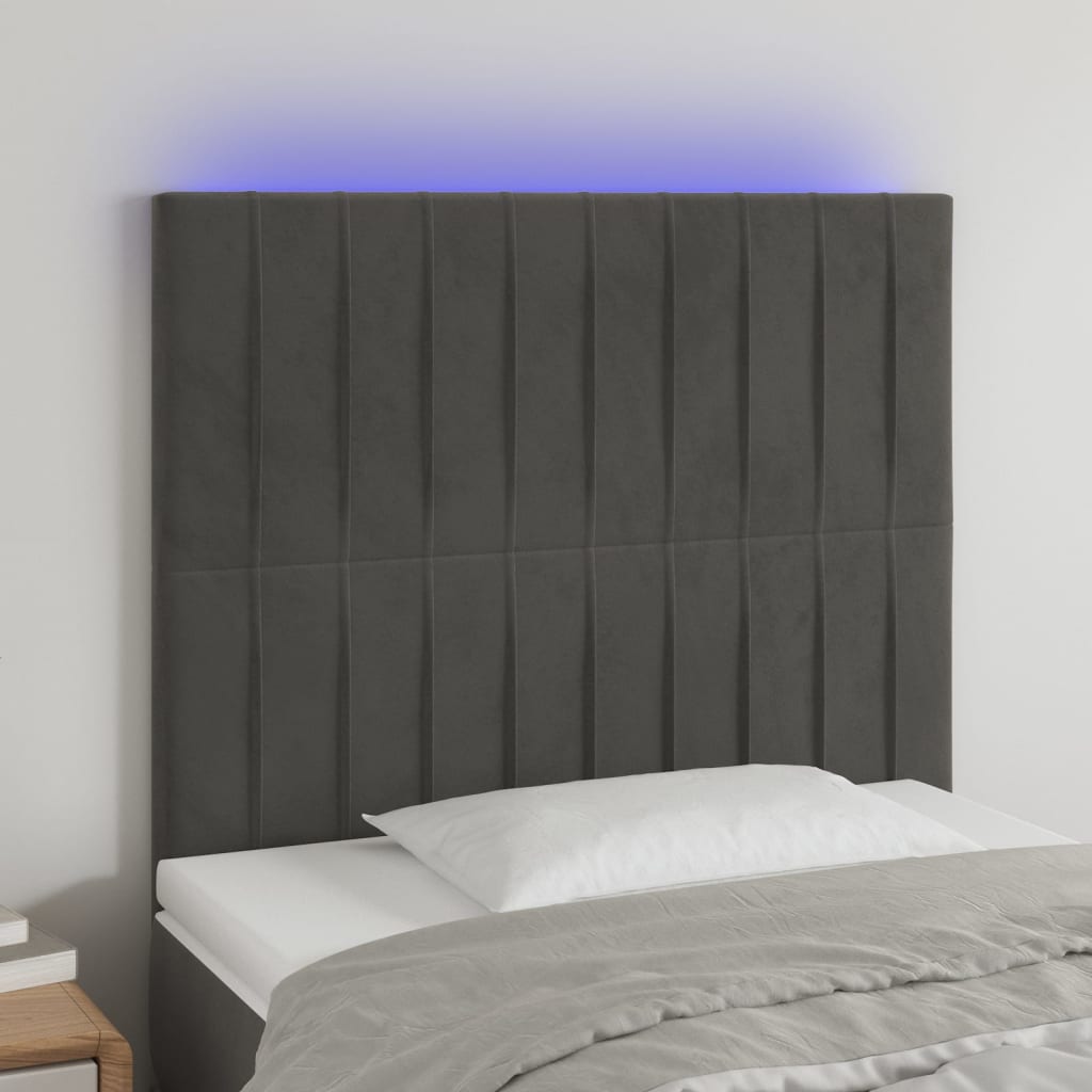 Cabeceira de cama c/ LED veludo 100x5x118/128 cm cinza-escuro