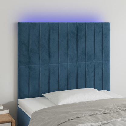 Cabeceira cama c/ luzes LED veludo 100x5x118/128cm azul-escuro