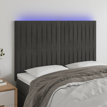 Cabeceira de cama c/ LED veludo 144x5x118/128 cm cinza-escuro