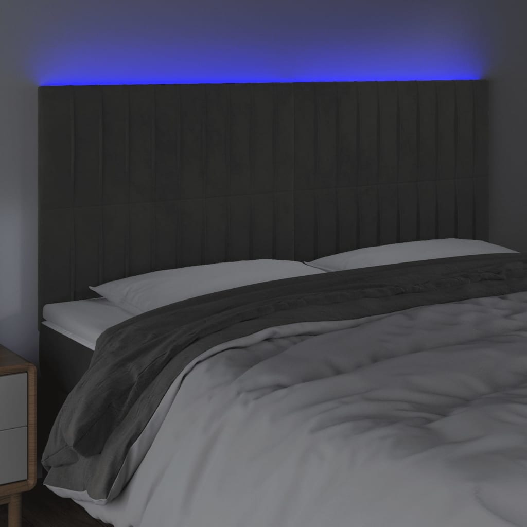 Cabeceira de cama c/ LED veludo 180x5x118/128 cm cinza-escuro