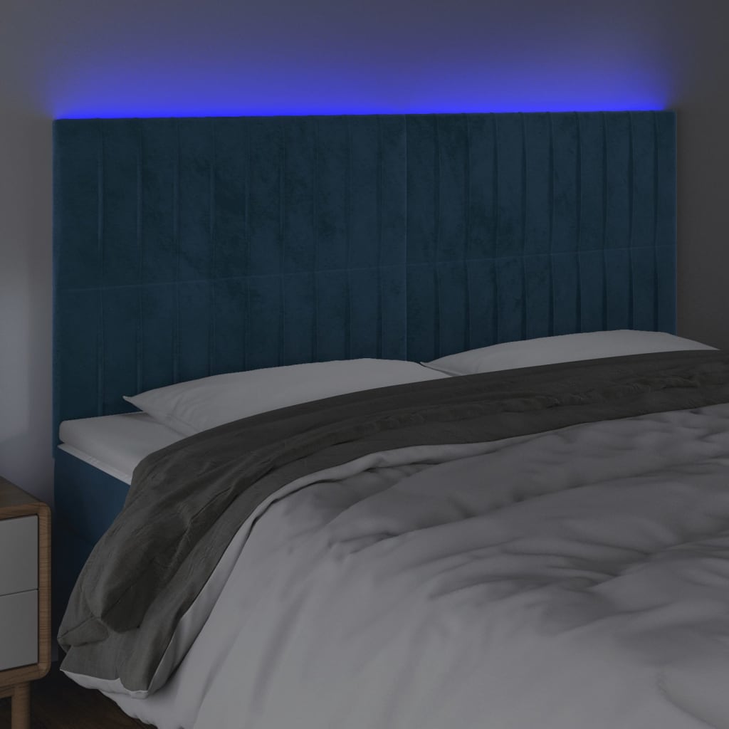 Cabeceira cama c/ luzes LED veludo 200x5x118/128cm azul-escuro