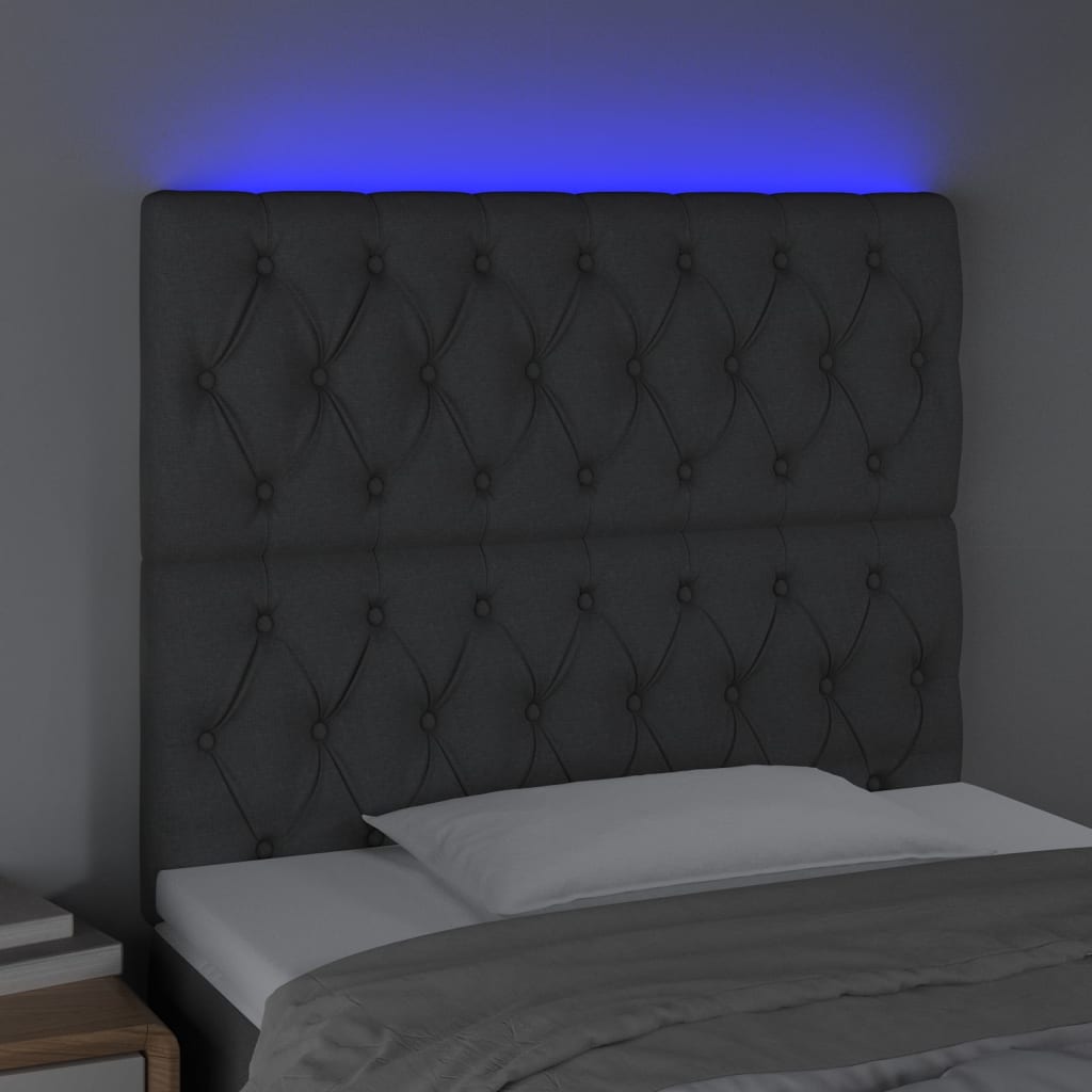 Cabeceira de cama c/ LED tecido 90x7x118/128 cm cinza-escuro