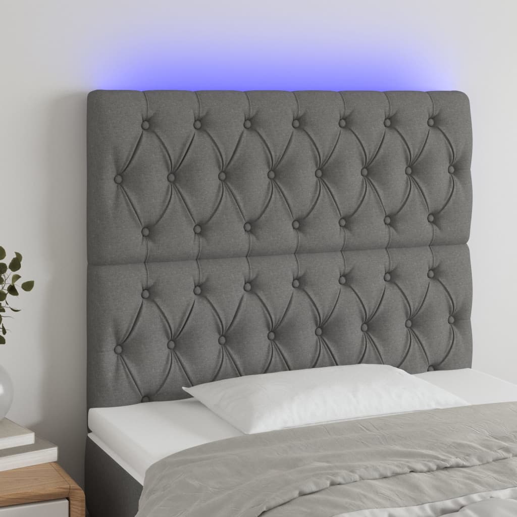 Cabeceira de cama c/ LED tecido 100x7x118/128 cm cinza-escuro