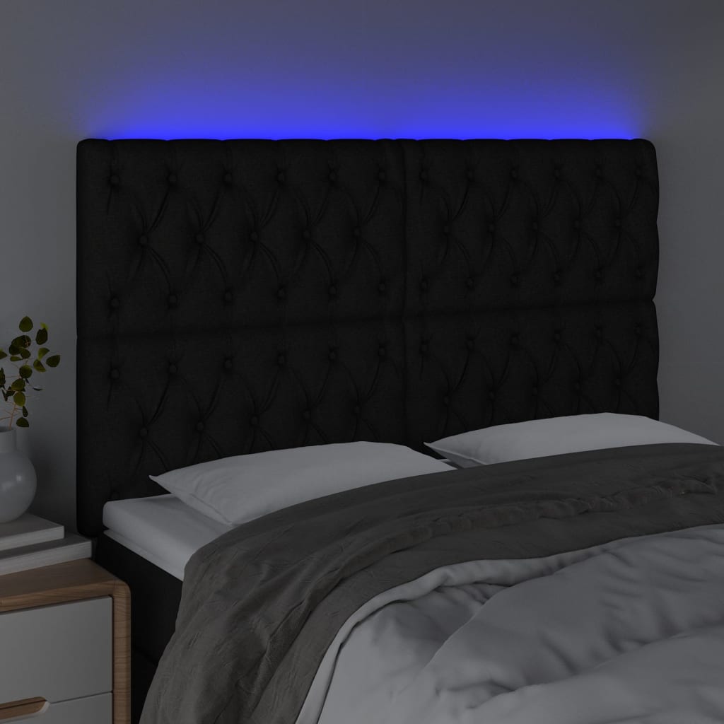 Cabeceira de cama c/ luzes LED tecido 144x7x118/128 cm preto