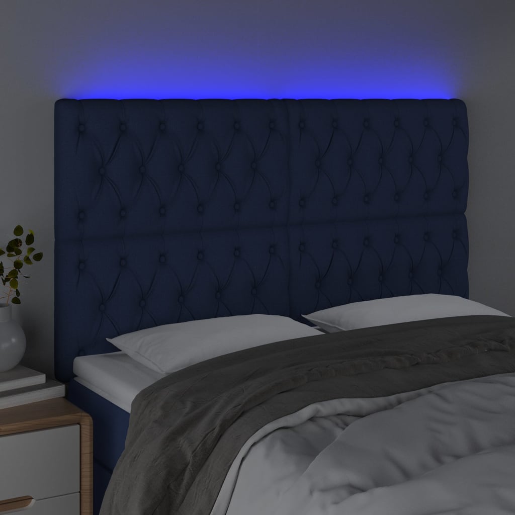 Cabeceira de cama c/ luzes LED tecido 144x7x118/128 cm azul