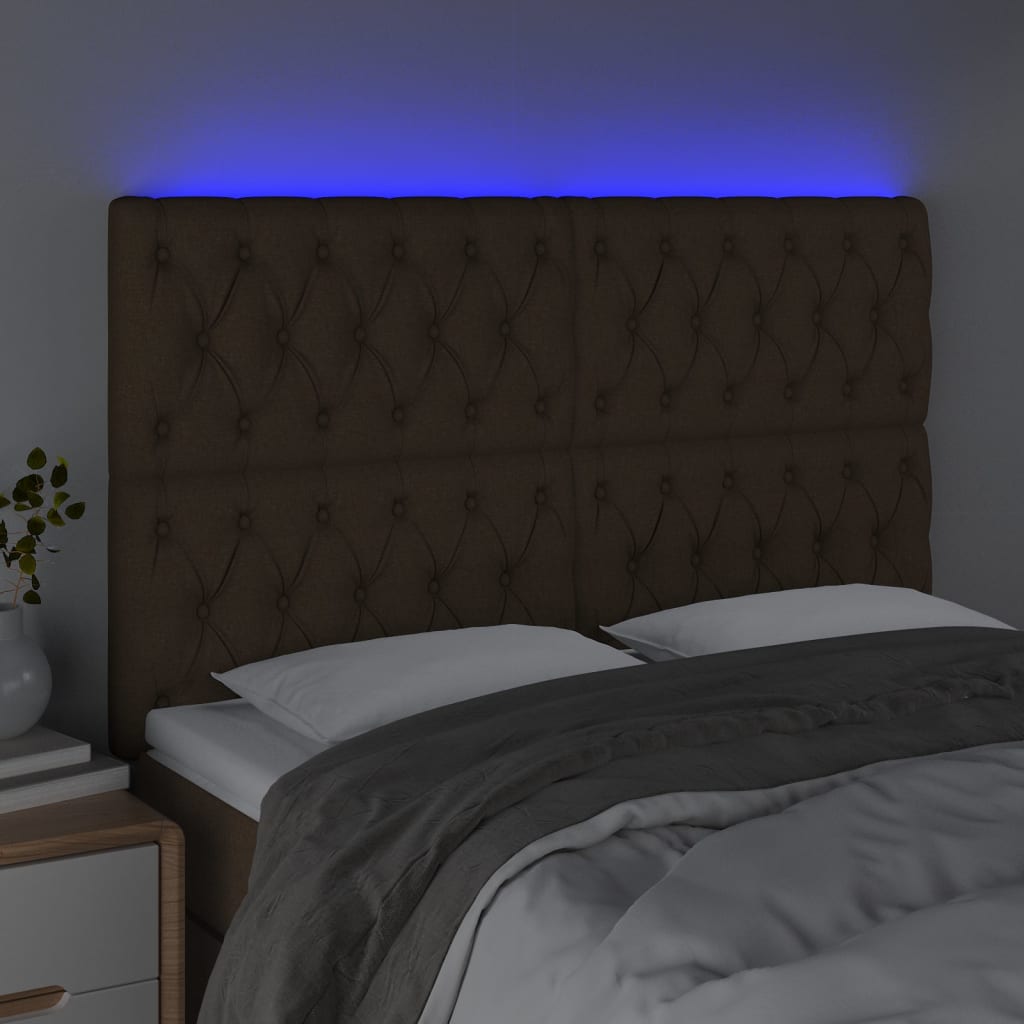 Cabeceira de cama c/ luzes LED tecido 160x7x118/128cm castanho