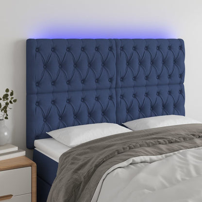 Cabeceira de cama c/ luzes LED tecido 160x7x118/128 cm azul