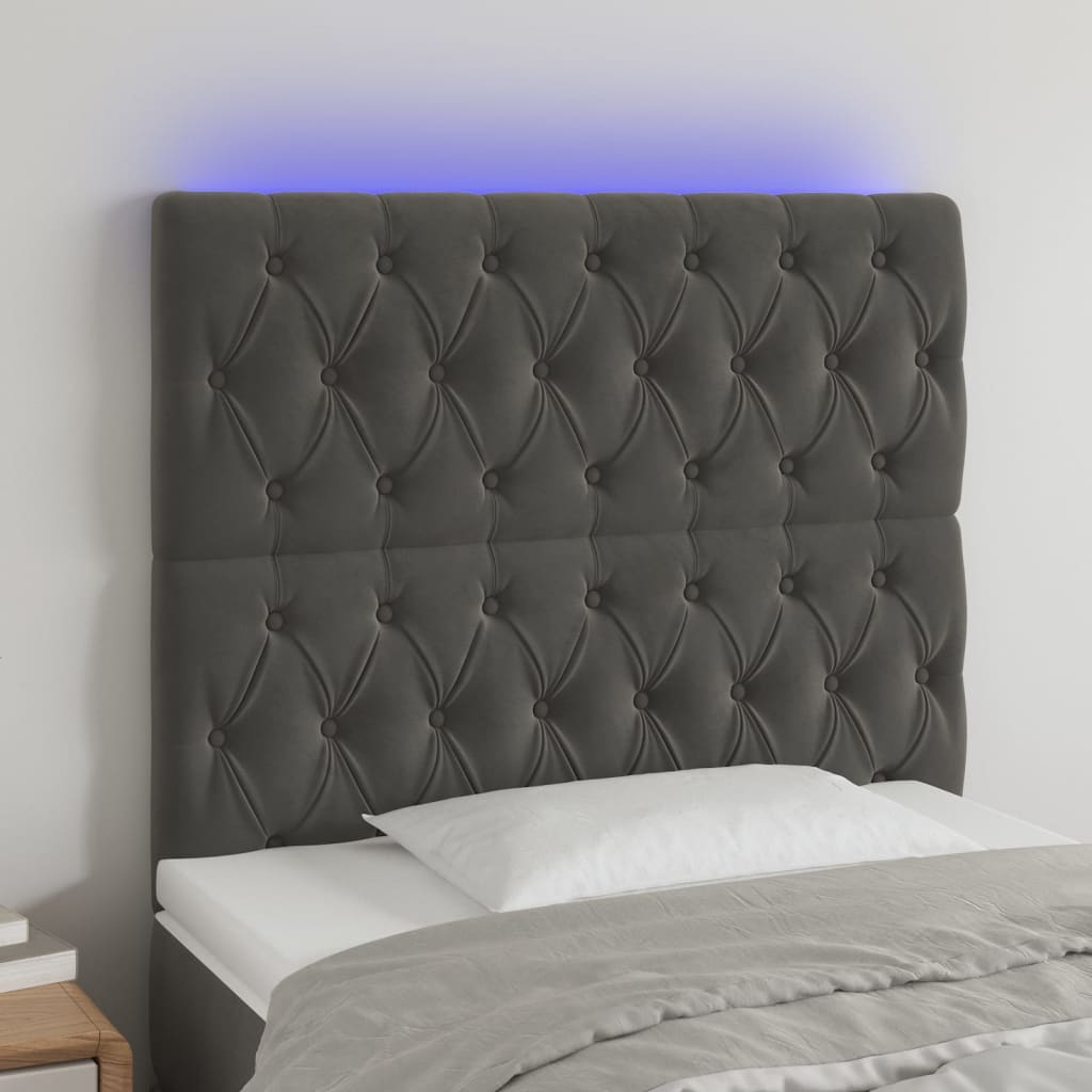 Cabeceira de cama c/ LED veludo 90x7x118/128 cm cinza-escuro