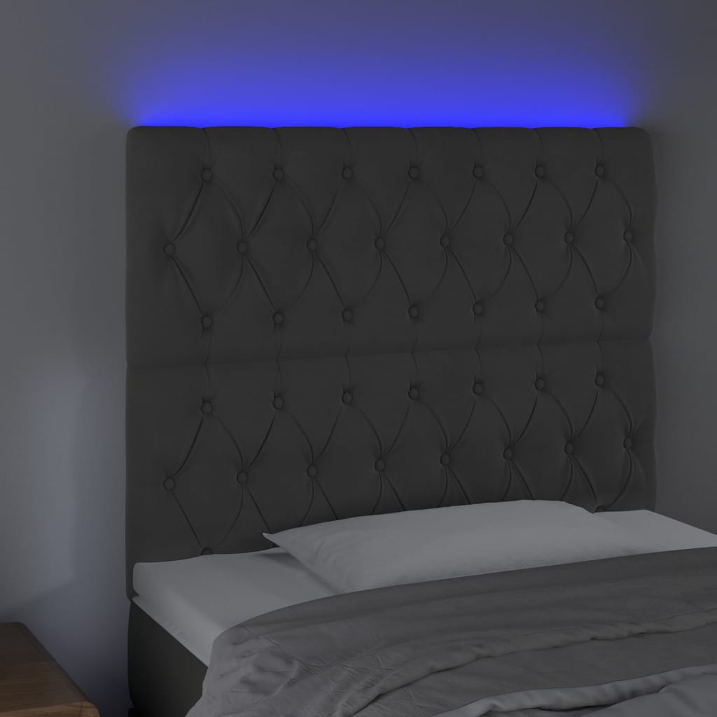 Cabeceira de cama c/ LED veludo 100x7x118/128 cm cinza-escuro