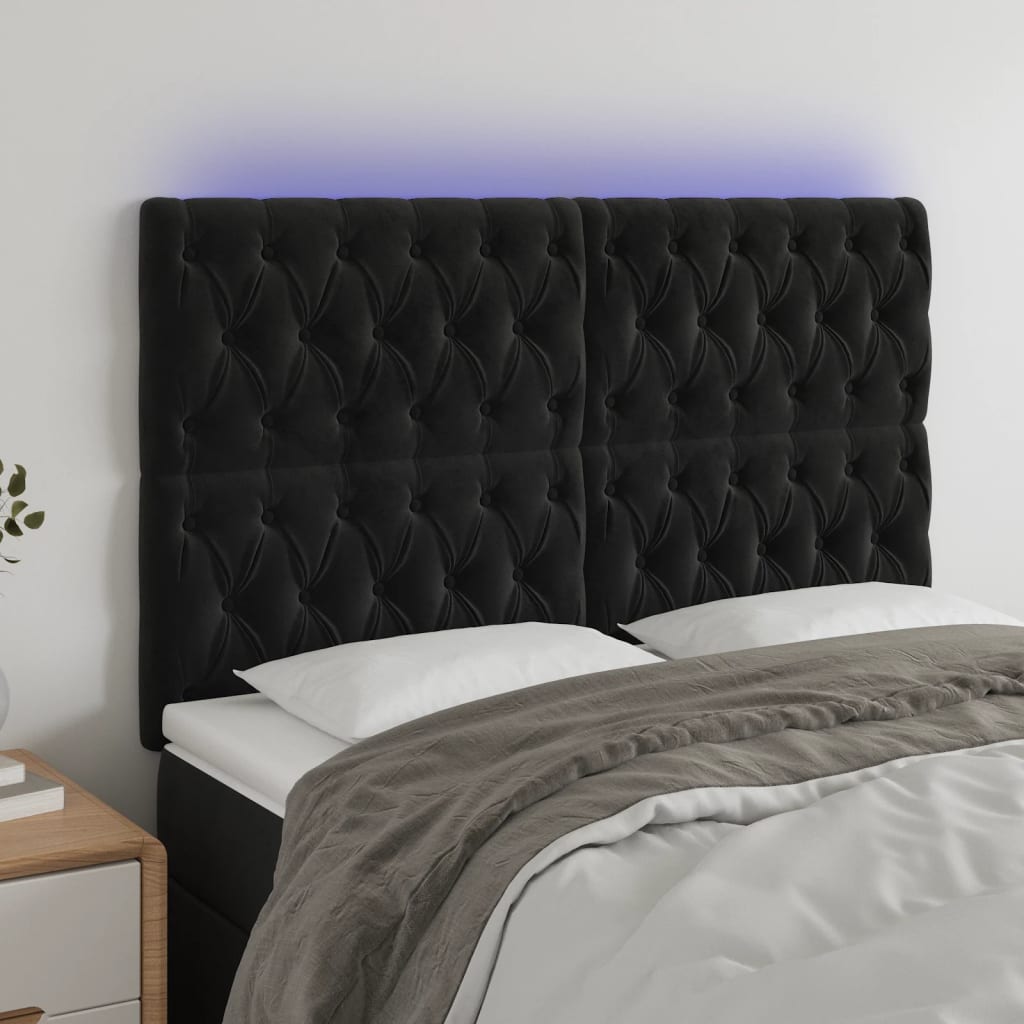 Cabeceira de cama c/ luzes LED veludo 144x7x118/128 cm preto