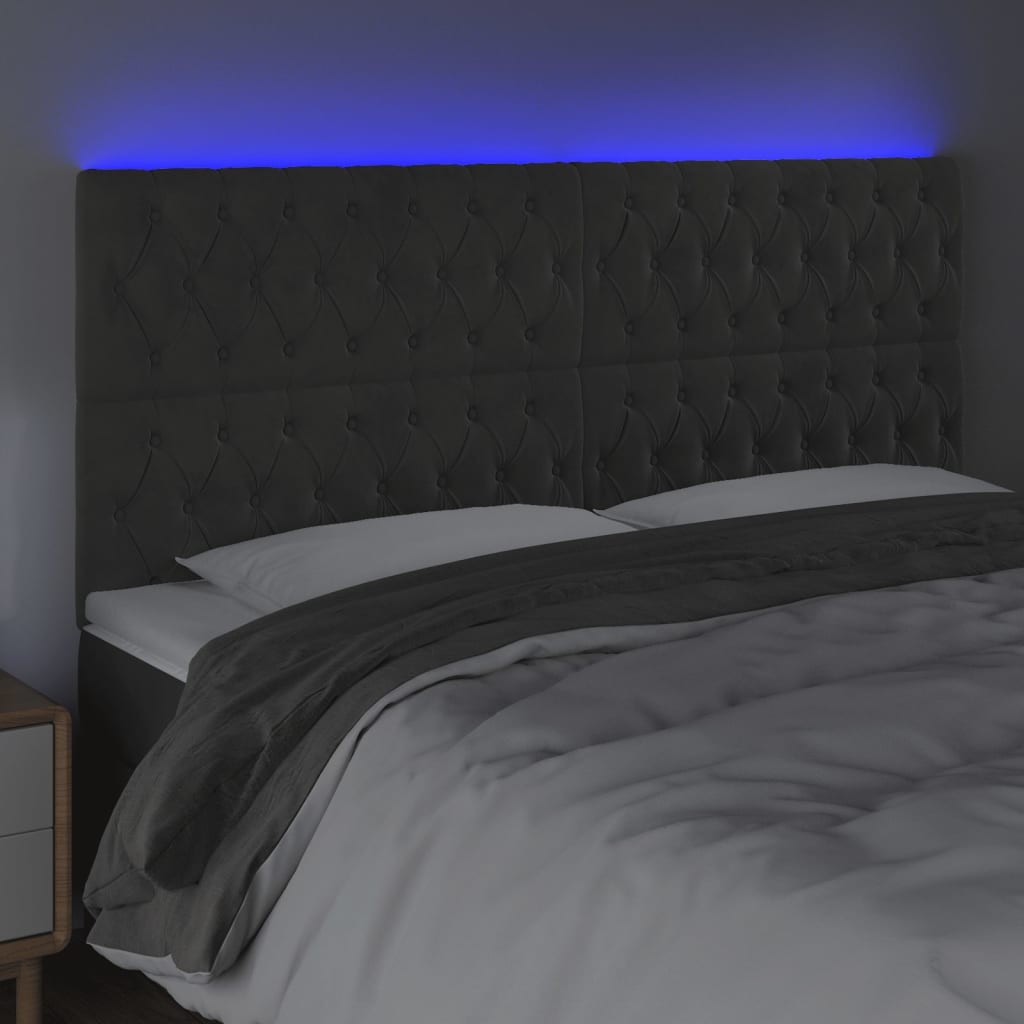 Cabeceira de cama c/ LED veludo 180x7x118/128 cm cinza-escuro