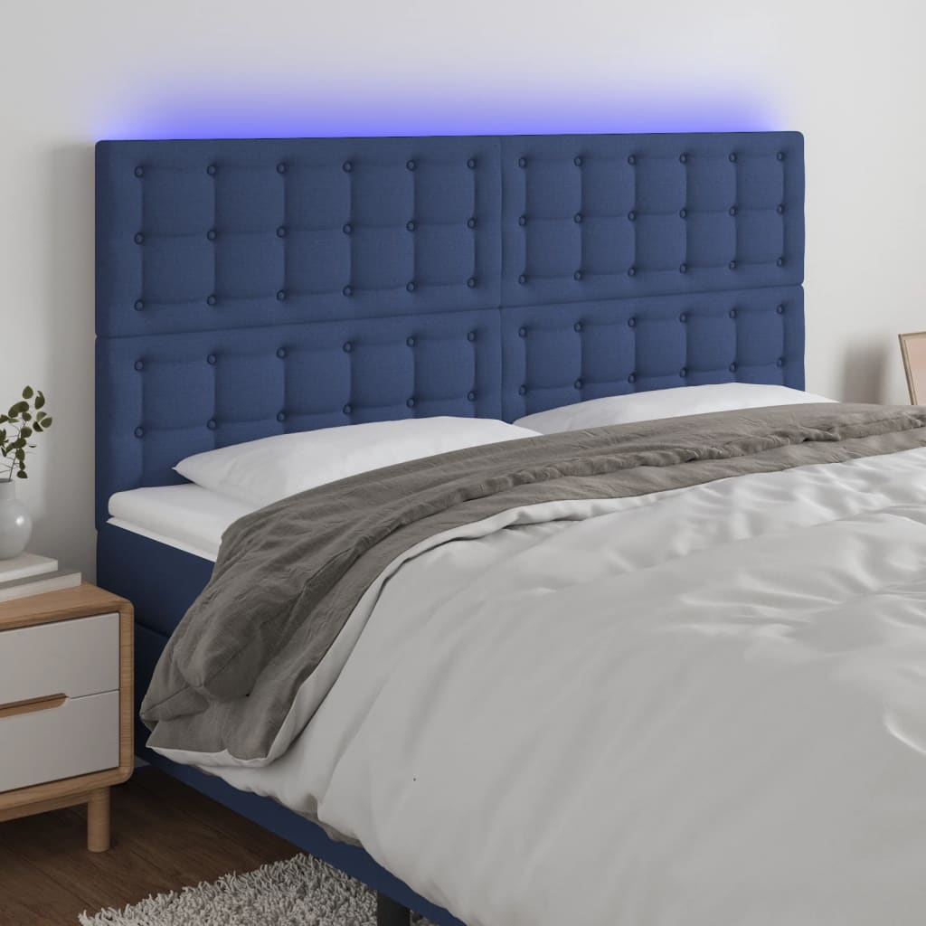 Cabeceira de cama c/ luzes LED tecido 160x5x118/128 cm azul