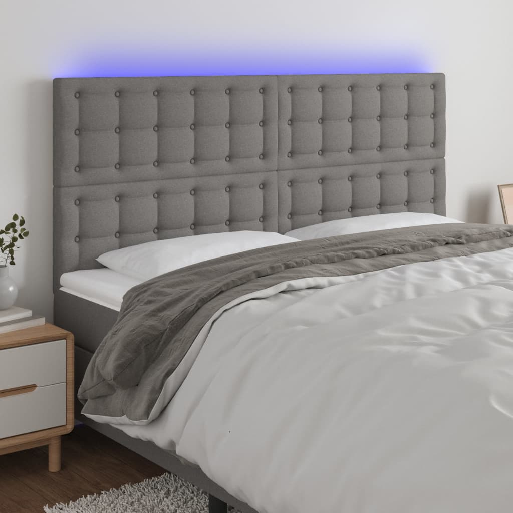 Cabeceira de cama c/ LED tecido 200x5x118/128 cm cinza-escuro