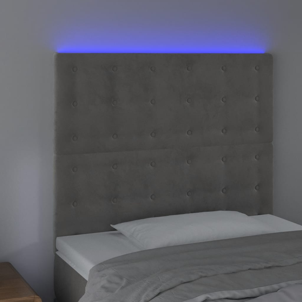 Cabeceira cama c/ luzes LED veludo 80x5x118/128cm cinza-claro