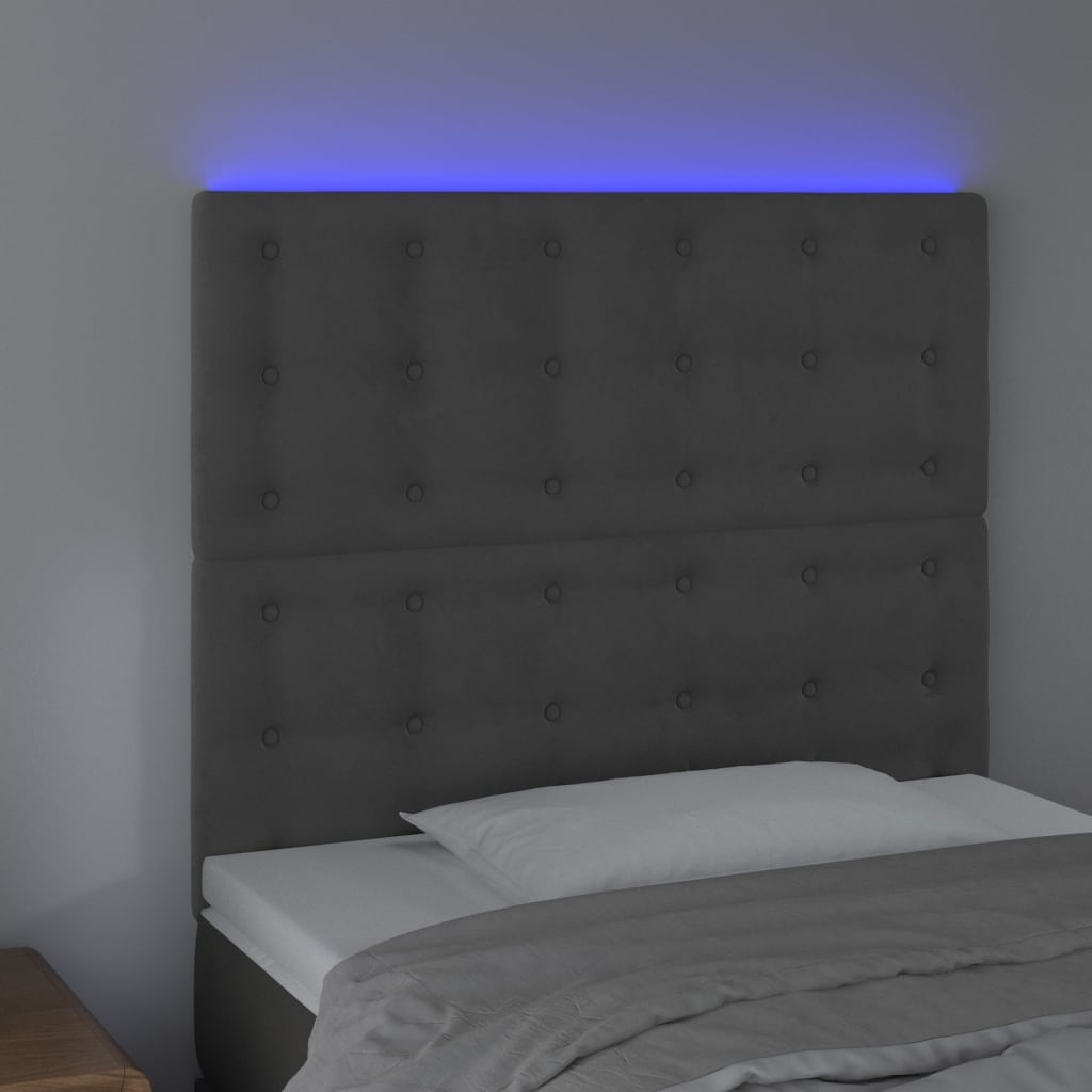 Cabeceira de cama c/ LED veludo 80x5x118/128 cm cinza-escuro