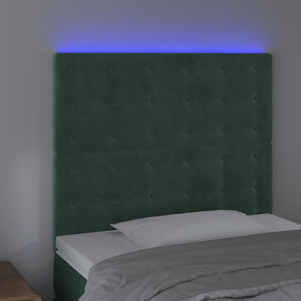 Cabeceira de cama c/ LED veludo 100x5x118/128 cm verde-escuro