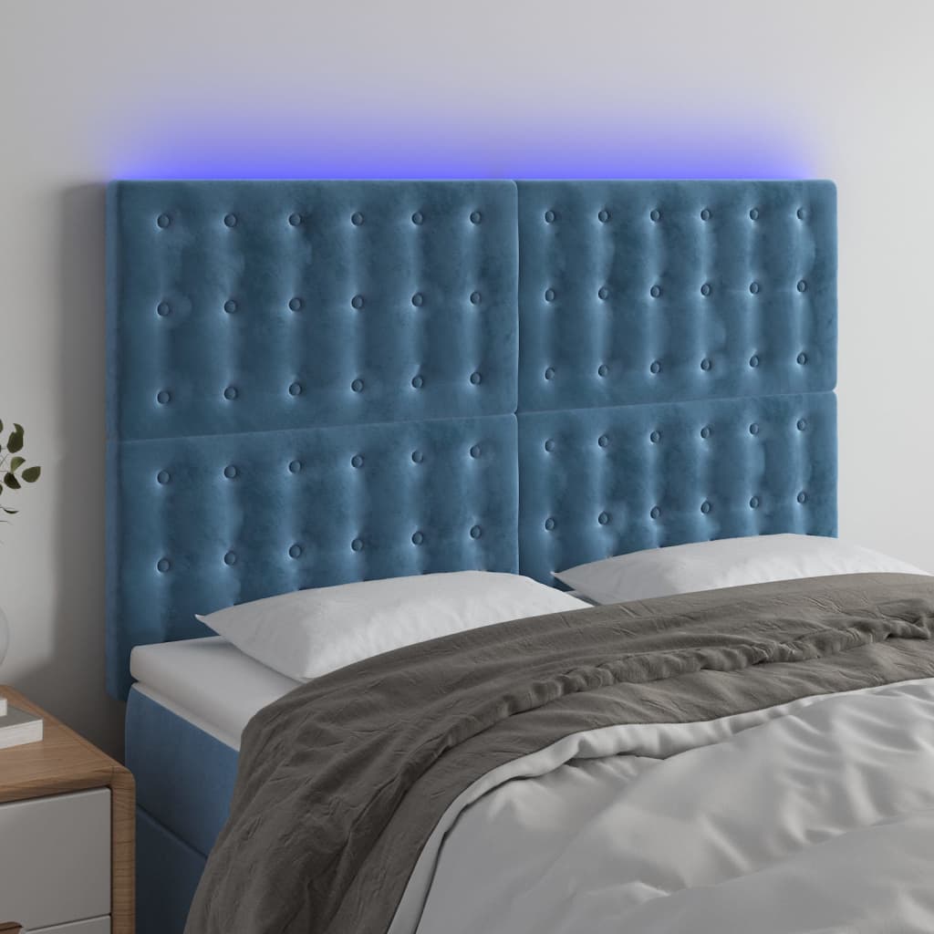 Cabeceira cama c/ luzes LED veludo 144x5x118/128cm azul-escuro