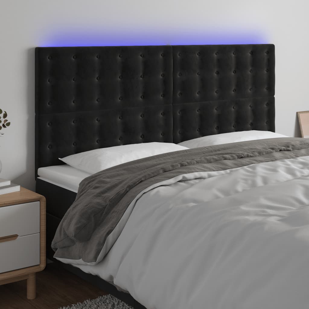 Cabeceira de cama c/ luzes LED veludo 200x5x118/128 cm preto