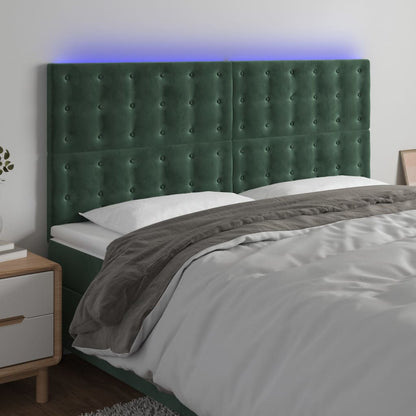 Cabeceira de cama c/ LED veludo 200x5x118/128 cm verde-escuro