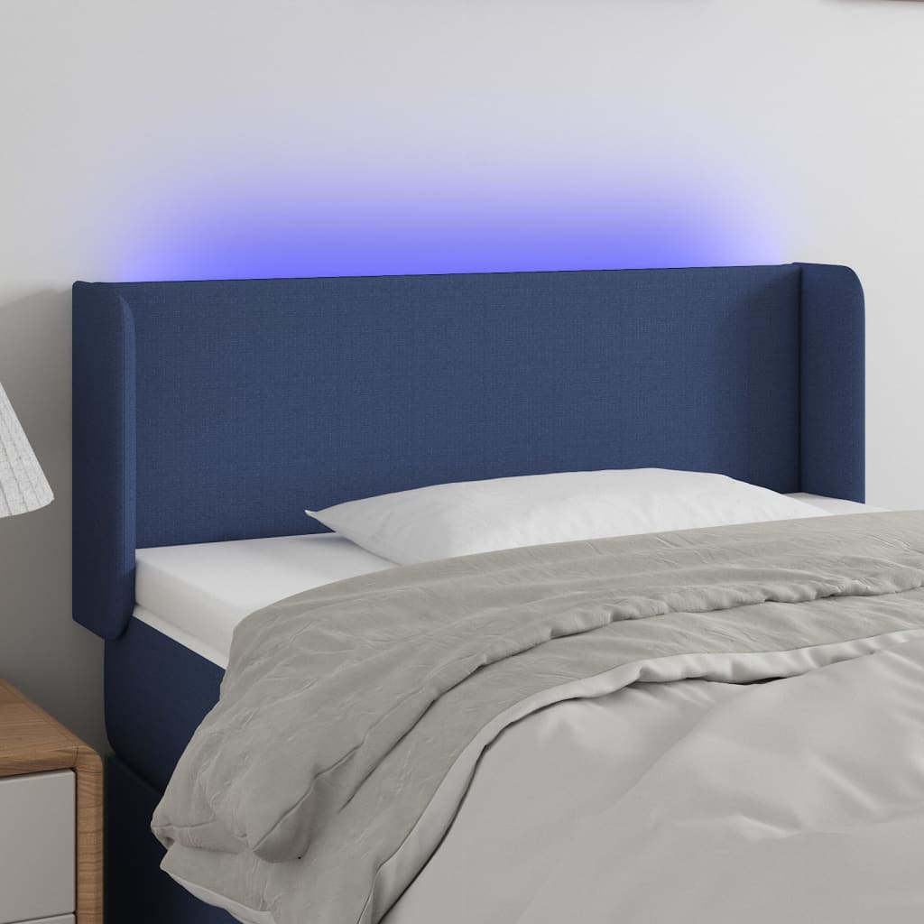 Cabeceira de cama c/ luzes LED tecido 103x16x78/88 cm azul