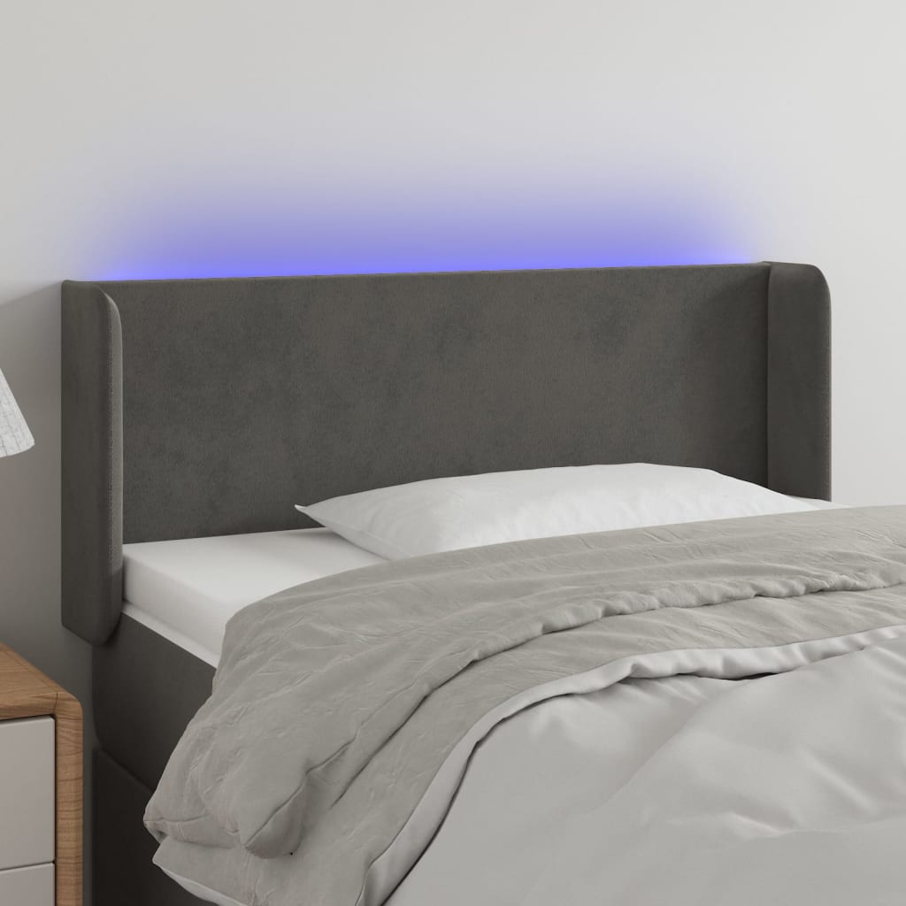 Cabeceira cama c/ luzes LED veludo 83x16x78/88cm cinza-escuro