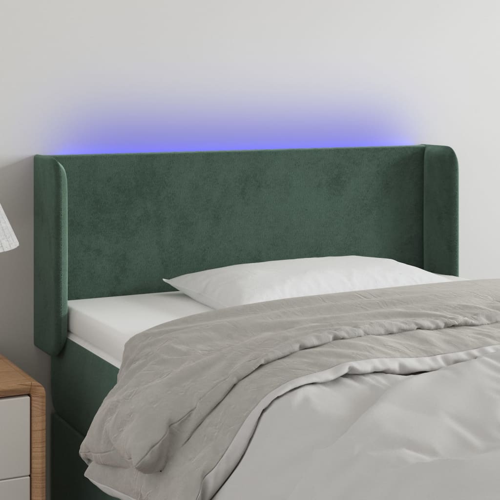 Cabeceira cama c/ luzes LED veludo 93x16x78/88 cm verde-escuro