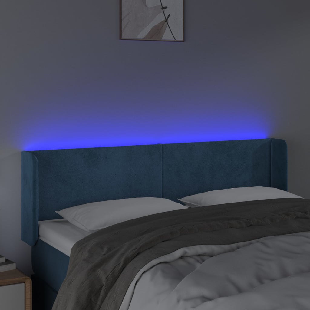 Cabeceira cama c/ luzes LED veludo 147x16x78/88 cm azul-escuro