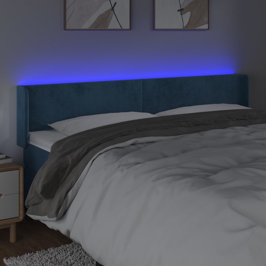 Cabeceira cama c/ luzes LED veludo 163x16x78/88 cm azul-escuro