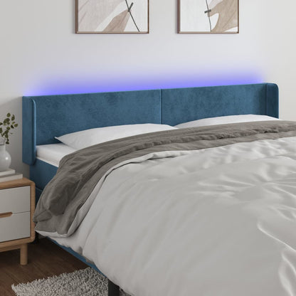 Cabeceira cama c/ luzes LED veludo 203x16x78/88 cm azul-escuro