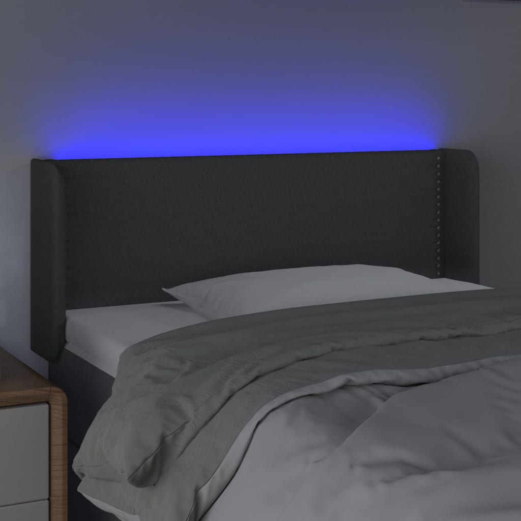 Cabeceira cama c/ luzes LED tecido 103x16x78/88cm cinza-escuro