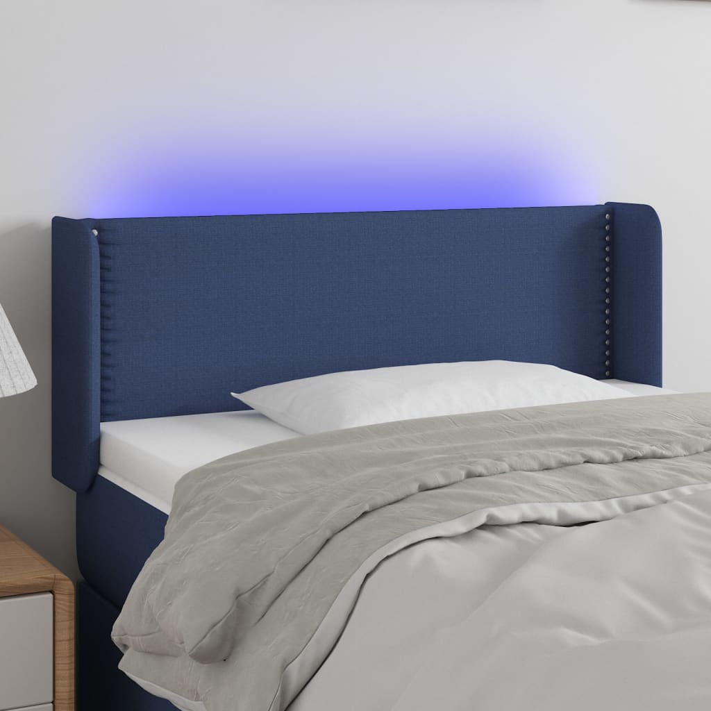 Cabeceira de cama c/ luzes LED tecido 103x16x78/88 cm azul