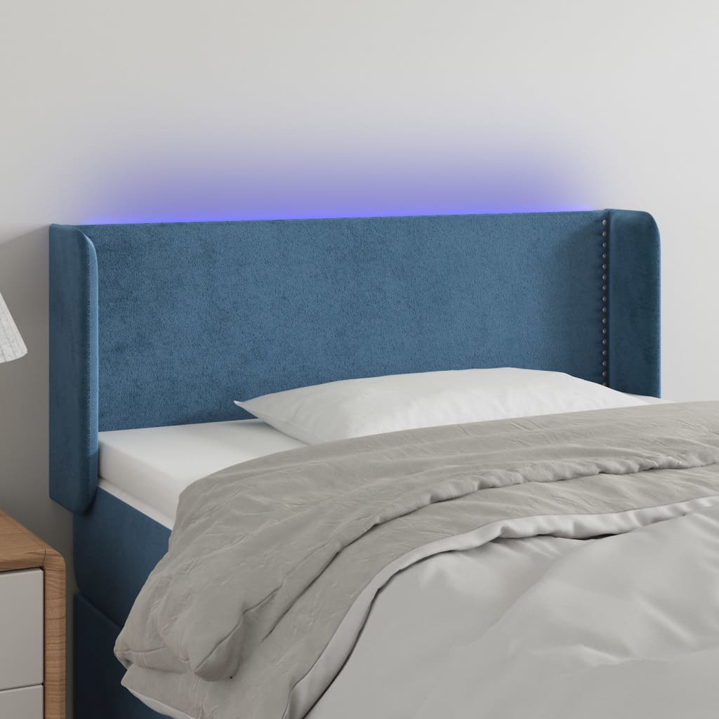 Cabeceira de cama c/ luzes LED veludo 83x16x78/88cm azul-escuro