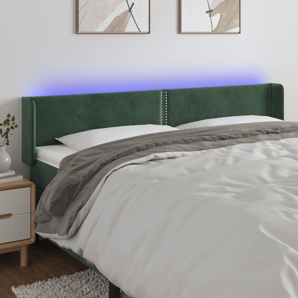 Cabeceira cama c/ luzes LED veludo 203x16x78/88 cm verde-escuro