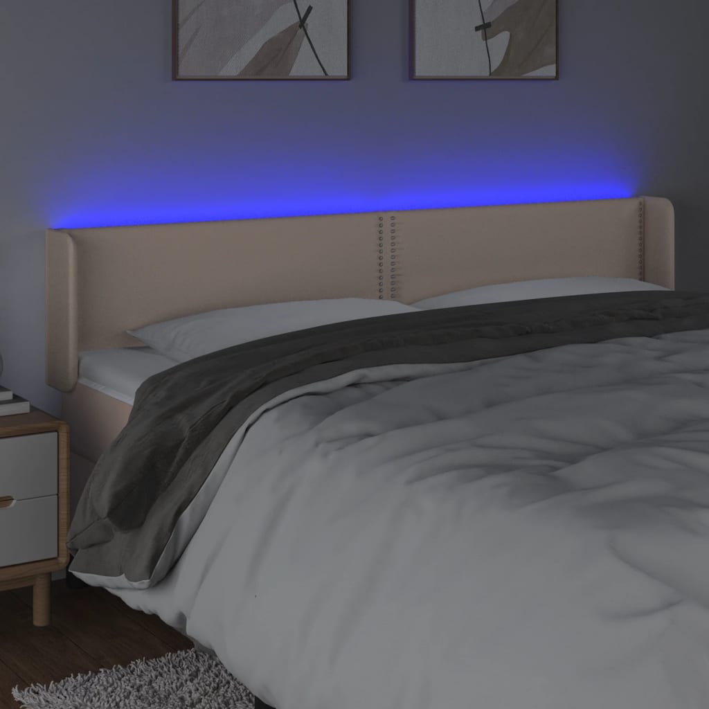 Cabeceira cama LED couro artificial 203x16x78/88 cm cappuccino