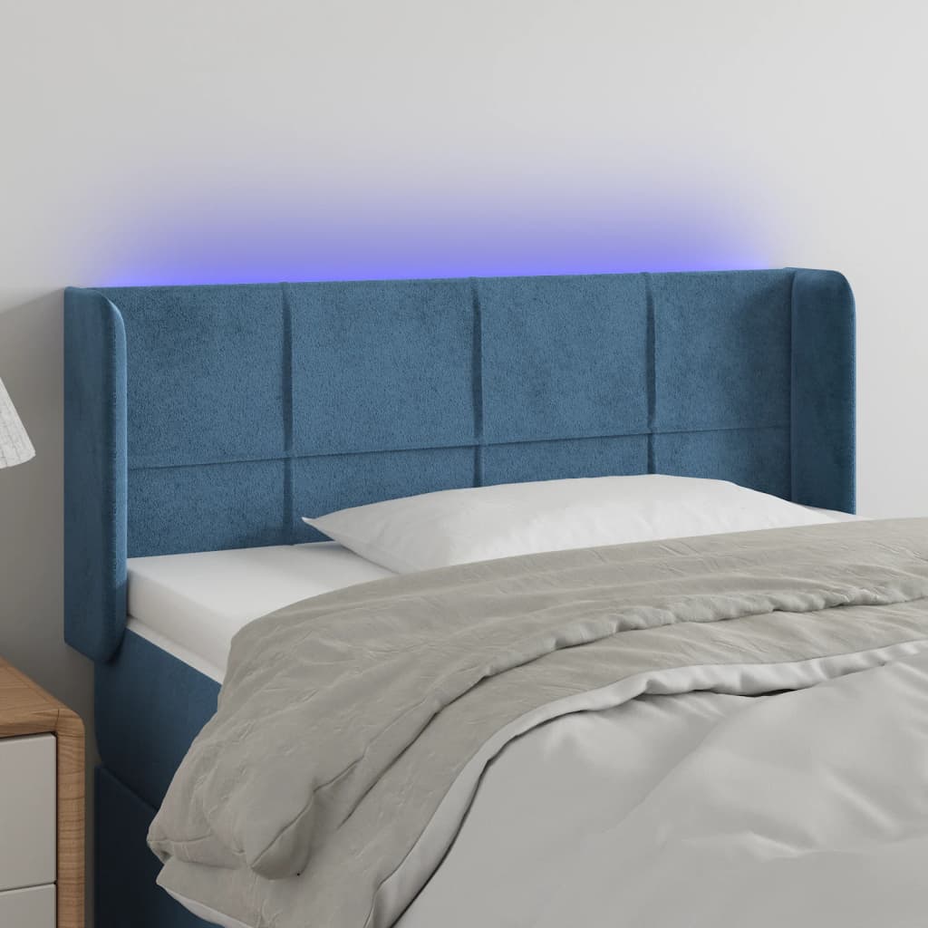 Cabeceira cama c/ luzes LED veludo 103x16x78/88 cm azul-escuro