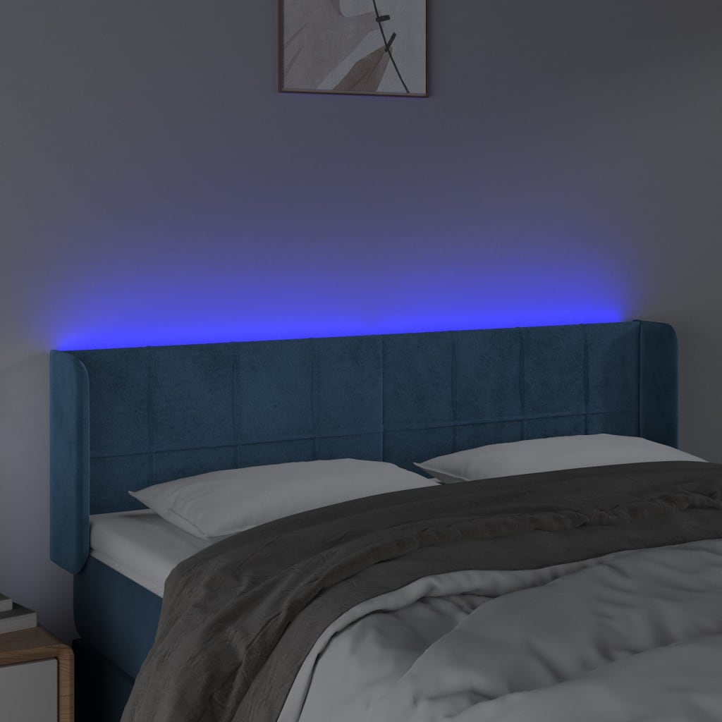 Cabeceira cama c/ luzes LED veludo 147x16x78/88 cm azul-escuro