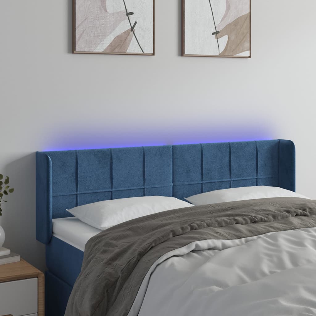 Cabeceira cama c/ luzes LED veludo 147x16x78/88 cm azul-escuro