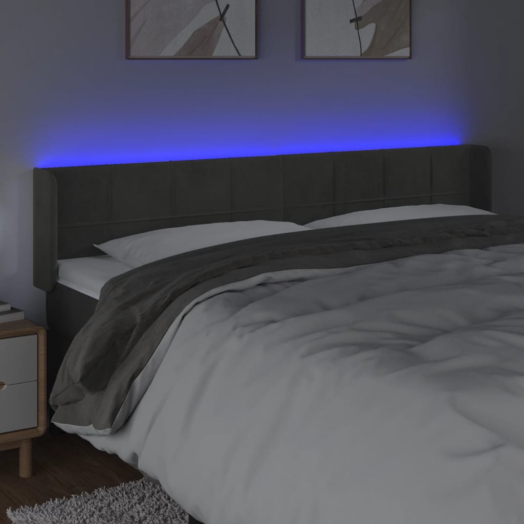 Cabeceira cama c/ luzes LED veludo 183x16x78/88cm cinza-escuro