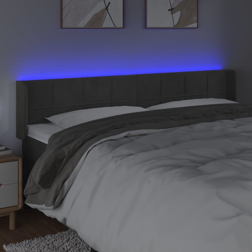 Cabeceira cama c/ luzes LED veludo 203x16x78/88cm cinza-escuro