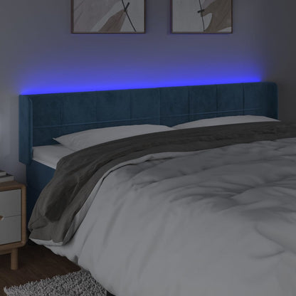 Cabeceira cama c/ luzes LED veludo 203x16x78/88 cm azul-escuro