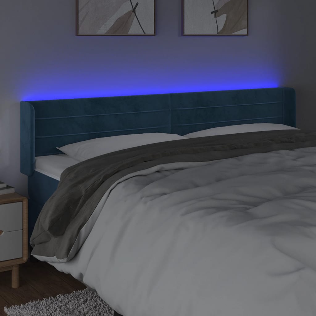 Cabeceira cama c/ luzes LED veludo 163x16x78/88 cm azul-escuro