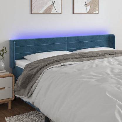 Cabeceira cama c/ luzes LED veludo 163x16x78/88 cm azul-escuro