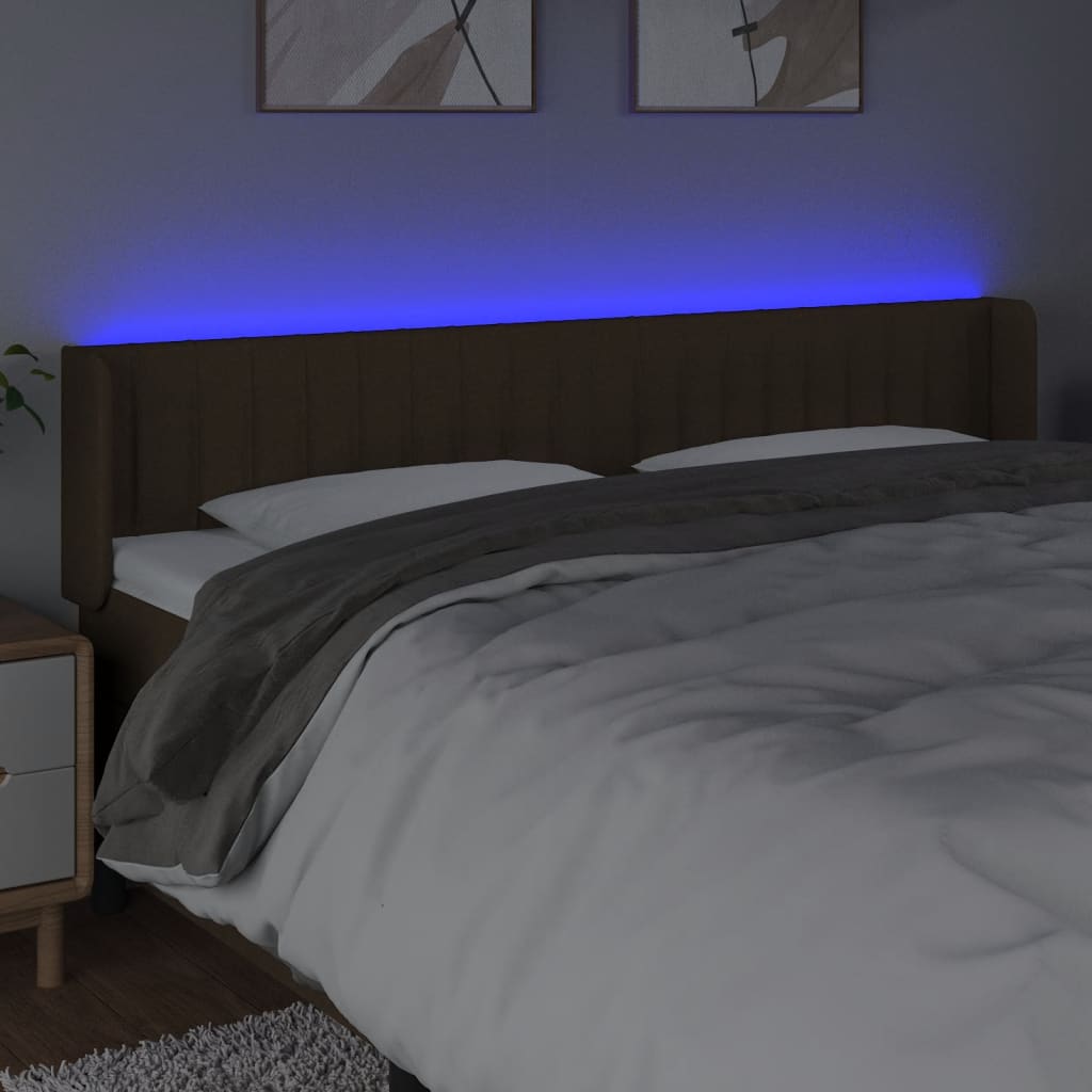 Cabeceira de cama c/ luzes LED tecido 203x16x78/88 cm castanho