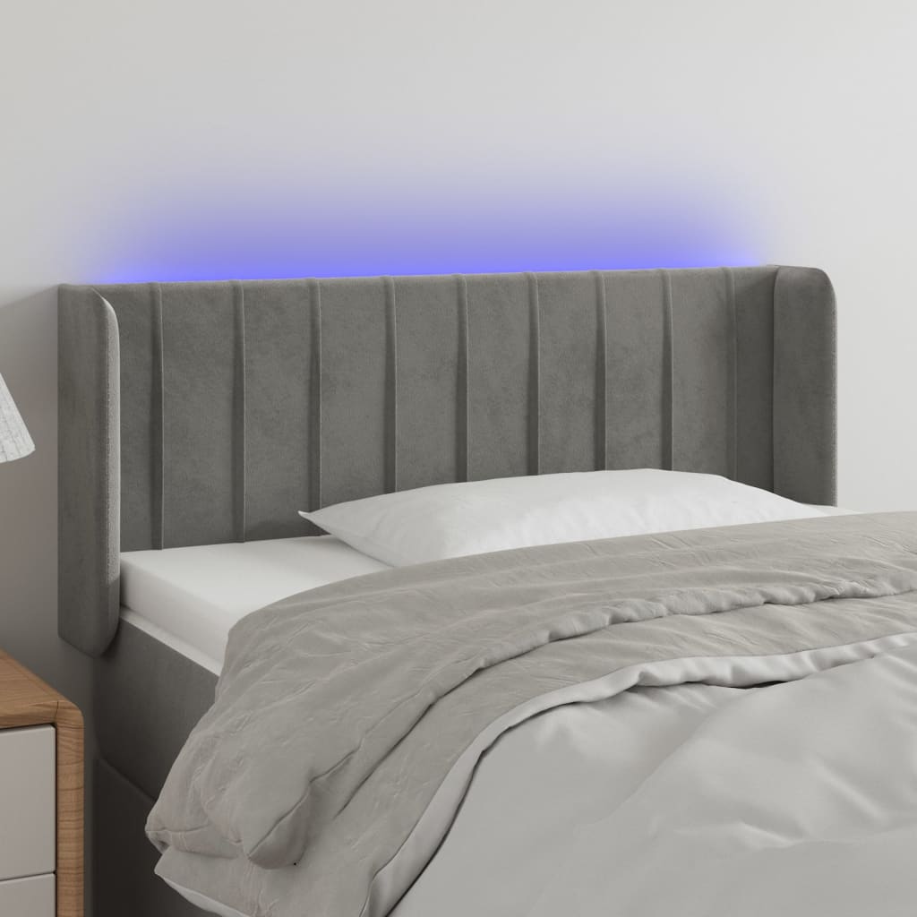 Cabeceira de cama c/ luzes LED veludo 83x16x78/88cm cinza-claro